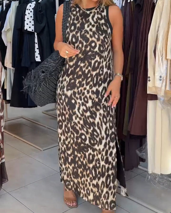 Kjole Rundhalset Leopardmønster Ærmeløs Maxi