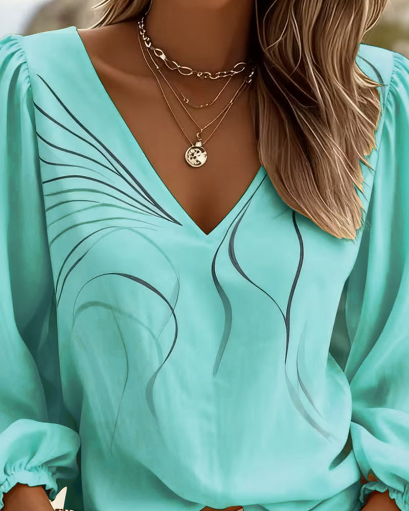 Bluse V-hals Linje Trykt Pufærme