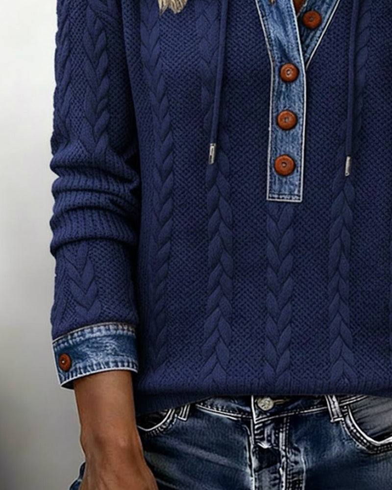 Farveblokeret Langærmet Hættetrøje Med Knapper