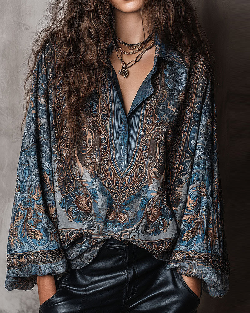 Bluse Retro Tryk V-hals Opslag Sofistikeret