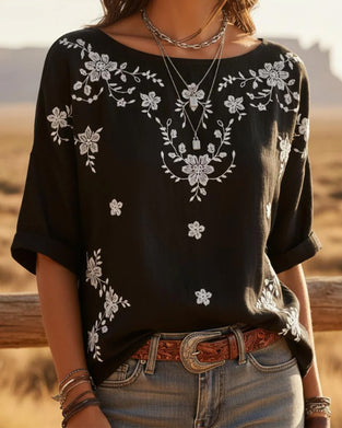 Bluse Rund Hals Drop Skulder Løs Blomstret