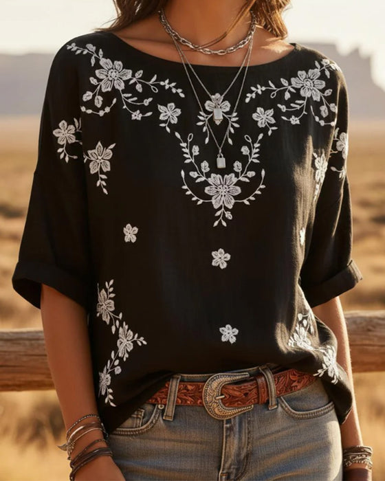 Bluse Rund Hals Drop Skulder Løs Blomstret