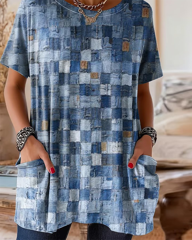 T-Shirt Farvet Tjek Tryk Kort Ærme