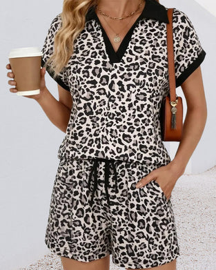 Set V-Hals Leopard Tryk Snørebånd Afslappet