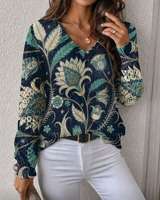 Pullover V-Hals Langærmet Blomstret Tryk