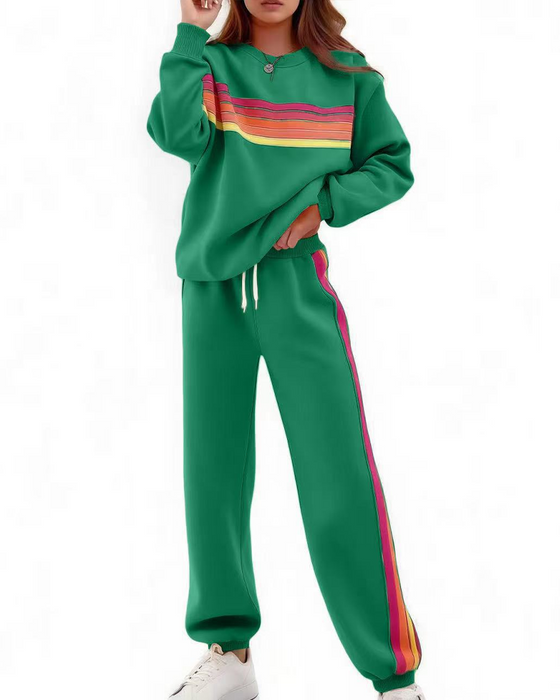 Sæt Farverig Stribet Sweatshirt Og Joggingbukser