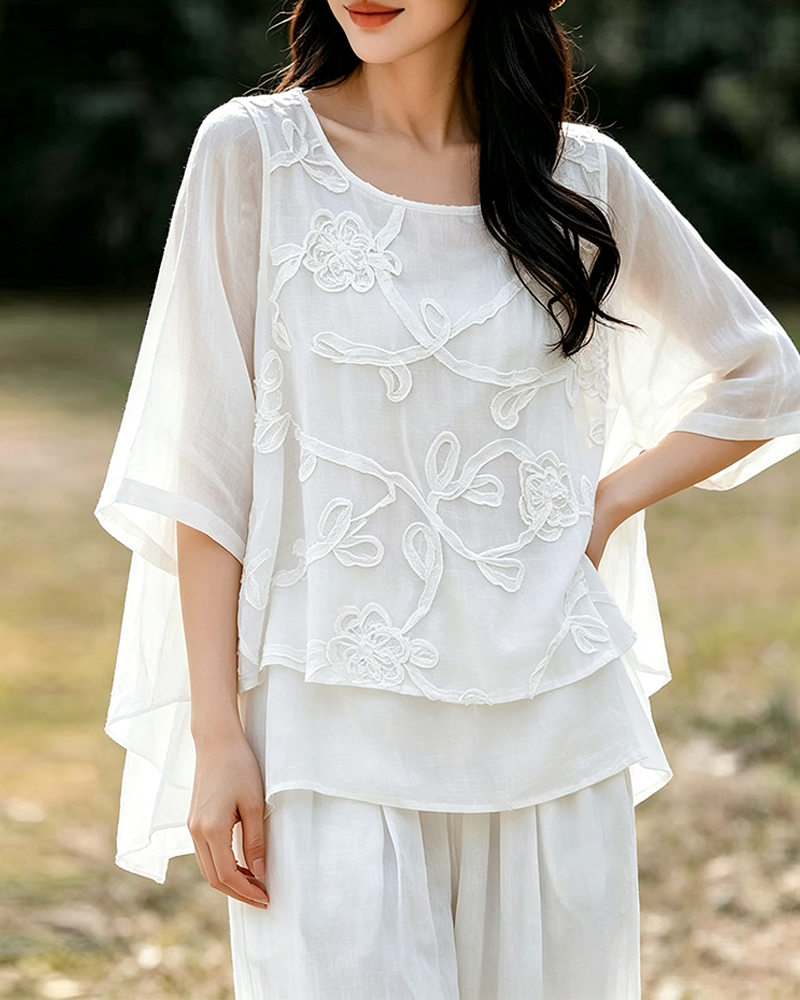 Bluse Enfarvet Rund Hals