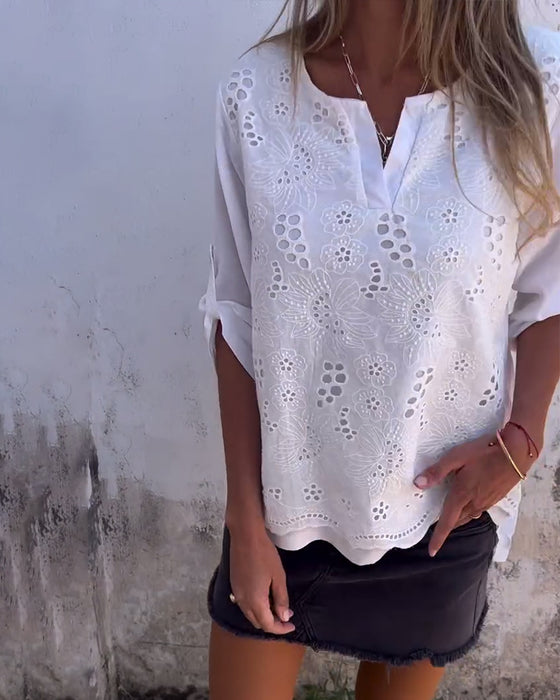 Bluse Ensfarvet Patchwork Trykt Oprullede Ærmer