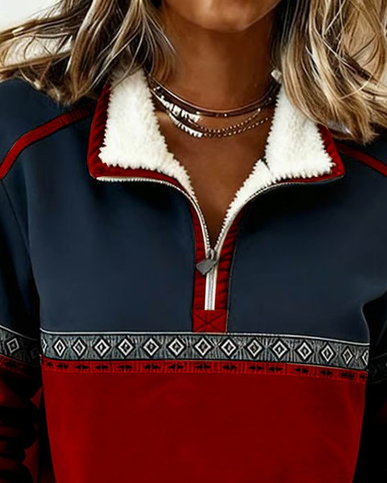 Retro Sweatshirt Med Farveblokning Og Pelskrave