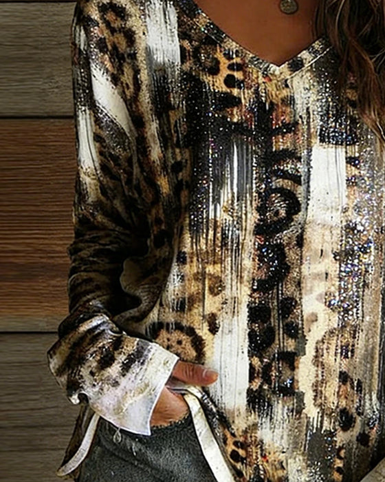 T-Shirt V-Hals Leopard Print Gradient Lang Ærme