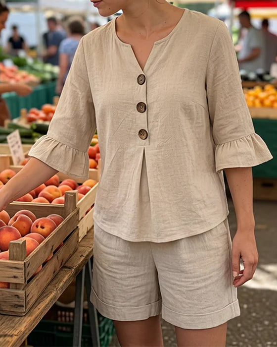 Set Ruffle Knap Kort Ærme Shorts