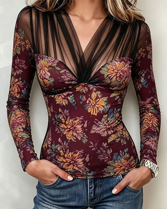 Top V-Hals Blomstret Casual