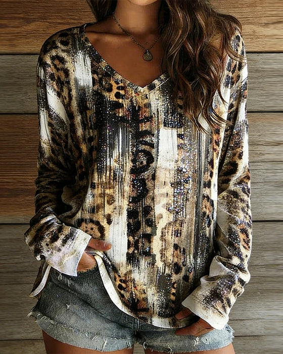 T-Shirt V-Hals Leopard Print Gradient Lang Ærme