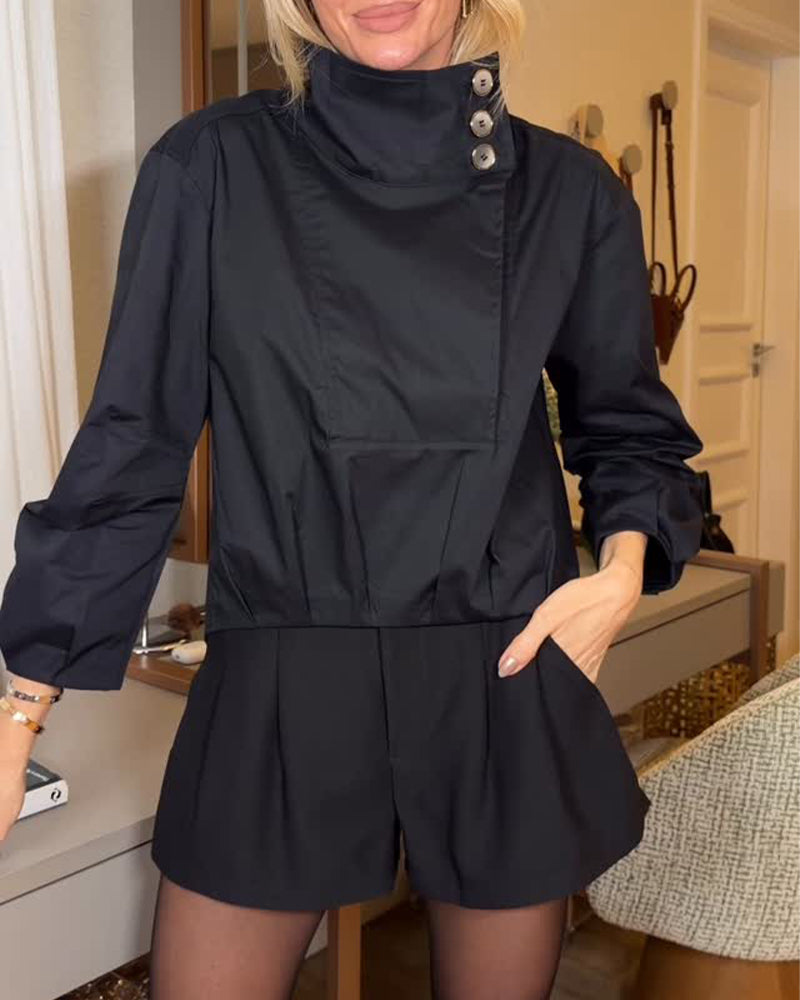 Bluse Asymmetrisk Ståkrave Diagonal Knap