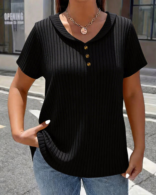 T-Shirt Ribstrikket V-Udskæring Mini Krave Korte Ærmer