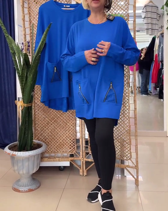 Ensfarvet lynlåslomme til sweatshirt med rund hals