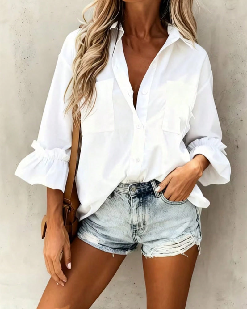 Skjorte Ensfarvet Lomme Casual