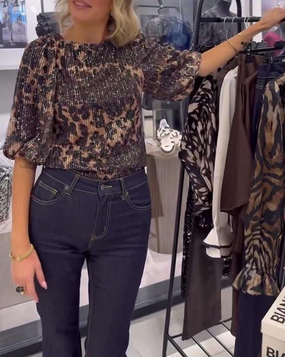 Bluse Med Lanterneærmer Pailletter Leopardprint