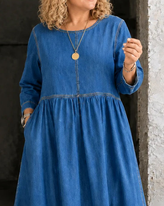Kjole Rund Hals Plisseret Lang Ærme Denim