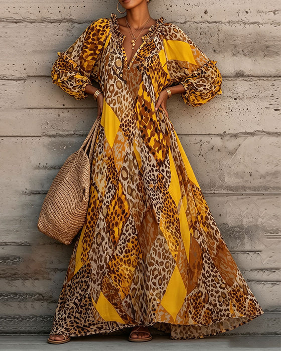 Kjole Leopard Farveblok Ruffle V-Hals