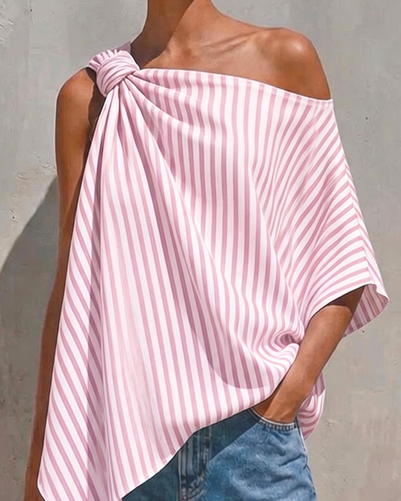 Bluse Stribet Løs Asymmetrisk Design