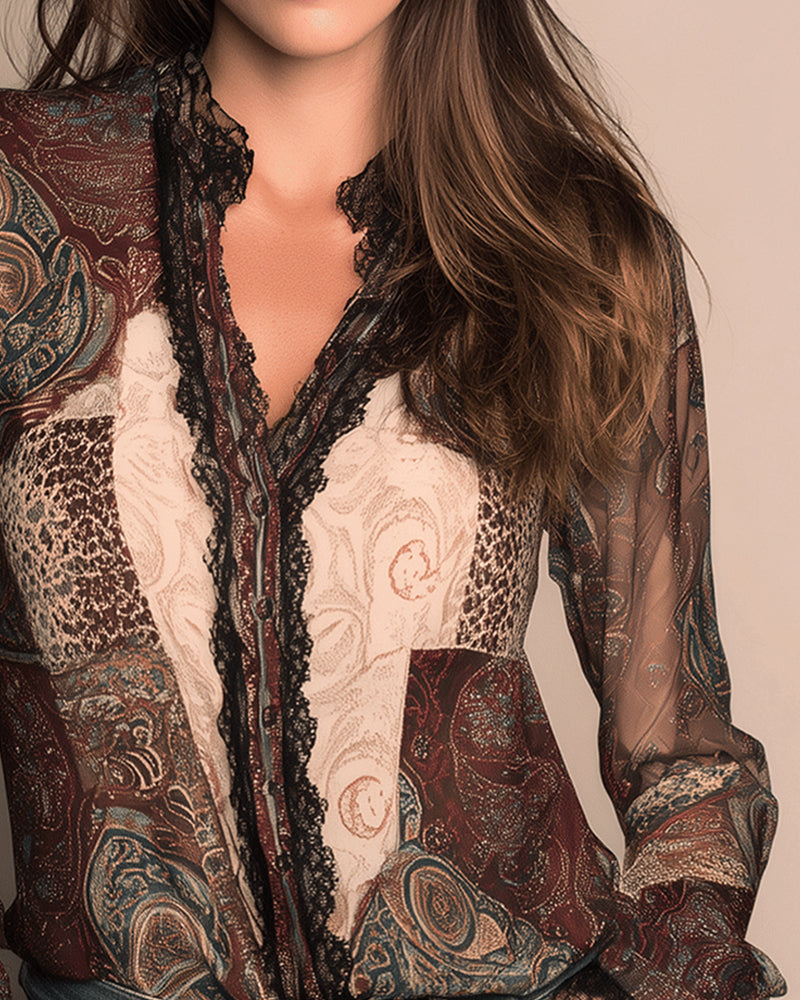 Skjorte Retrotryk Patchwork Langærmet