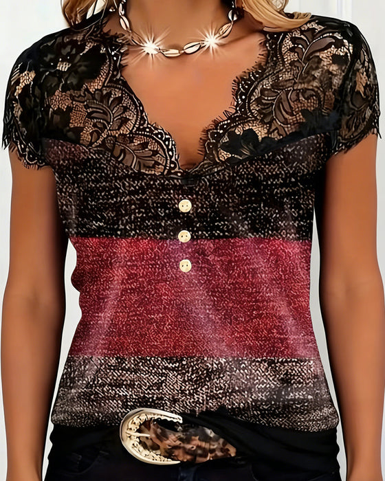 T-Shirt V-Hals Blonder Patchwork Kontrastfarve