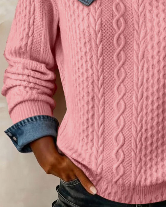 Sweatshirt En-Skulder Stroppet Denim Patchwork Afslappet