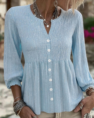Bluse Elegant Trekvart Ærme Knappeforkant