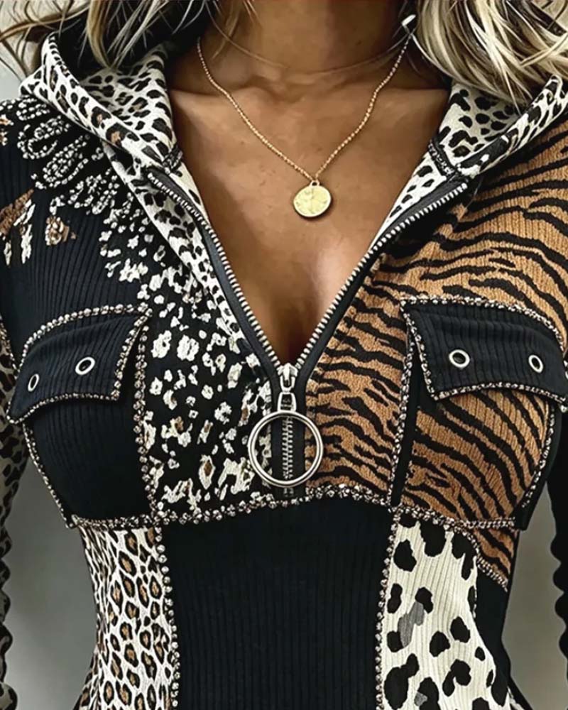 Top Leopard Patchwork Halv Lynlås Hætte