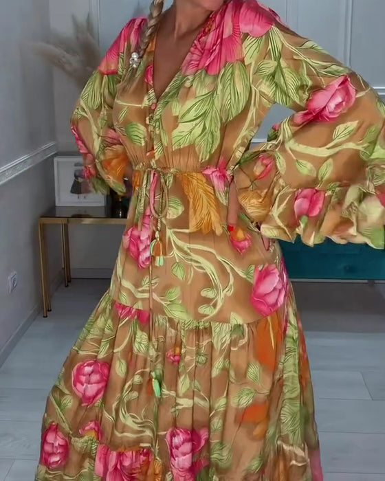 Kjole V-Hals Fuld Nederdel Blomstret