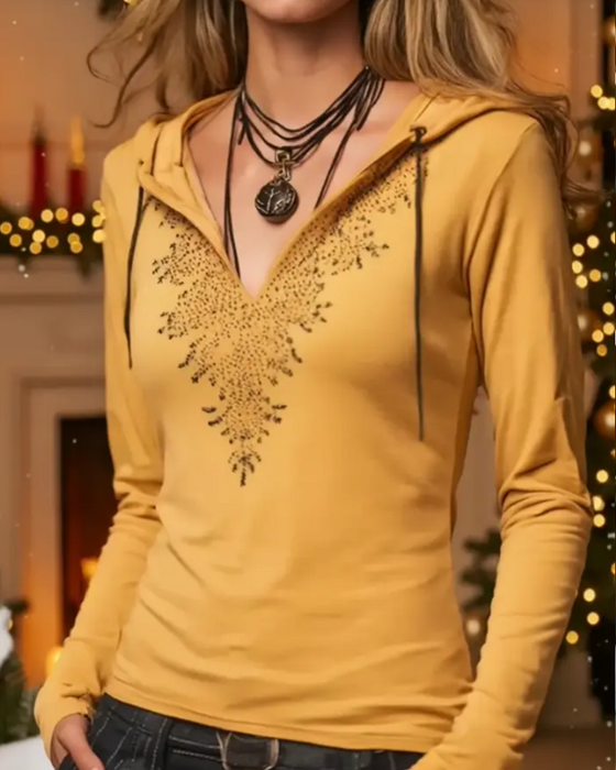 Top Med Hætte Casual Langærmet Trykt