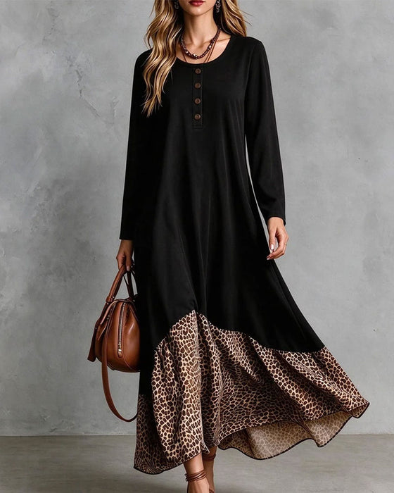 Kjole Rund Hals Knap Leopard Tryk