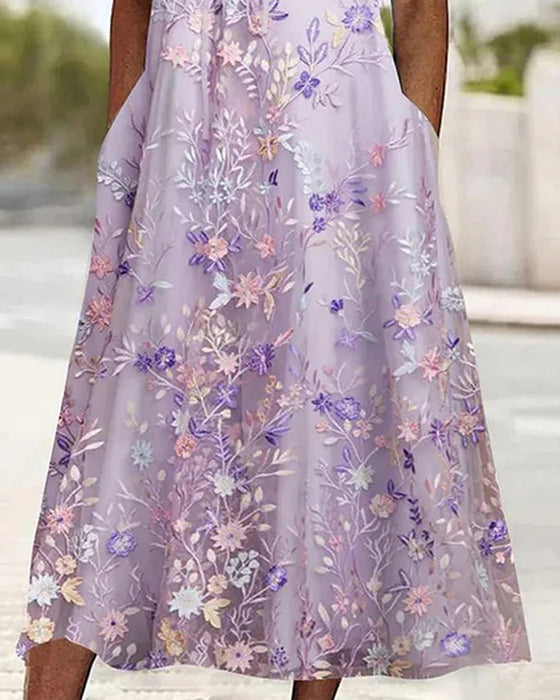Kjole Blonder Blomstermønster Patchwork A-Linje