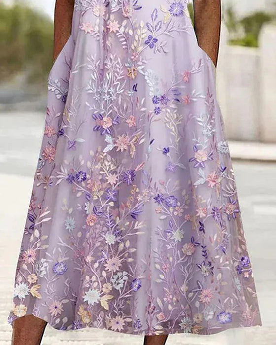 Kjole Blonder Blomstermønster Patchwork A-Linje