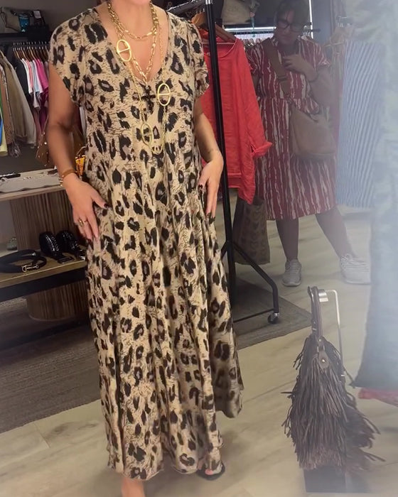 Kjole V-Hals Leopard Fuld Nederdel