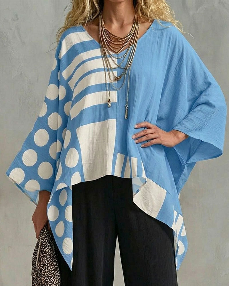 Bluse Polka Dot Stribe Patchwork V Halsudskæring