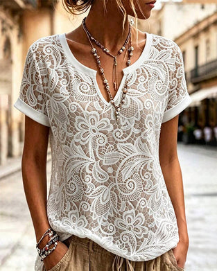 T-Shirt Udskæring Blonder Kort Ærme