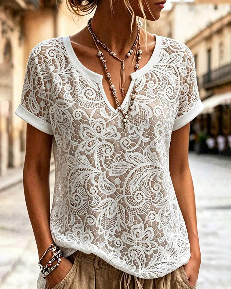 T-Shirt Udskæring Blonder Kort Ærme
