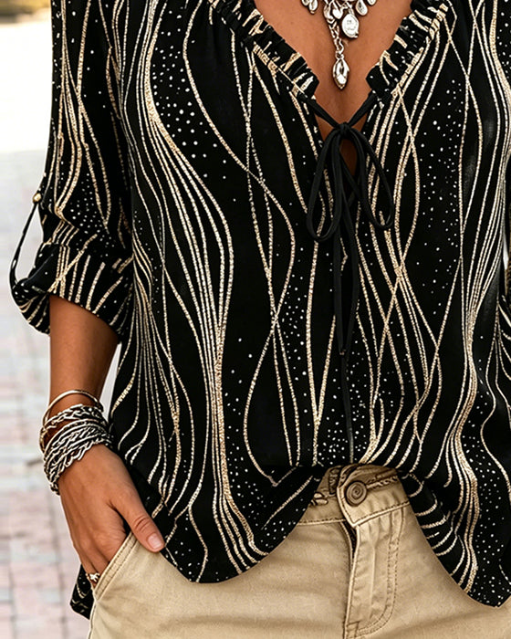 Bluse Bølge Ruffle Kant V-Hals Bind