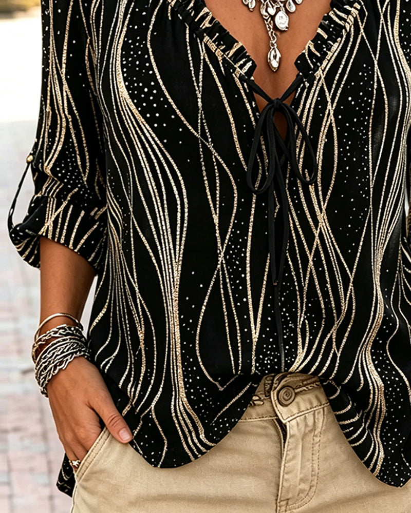 Bluse Bølge Ruffle Kant V-Hals Bind