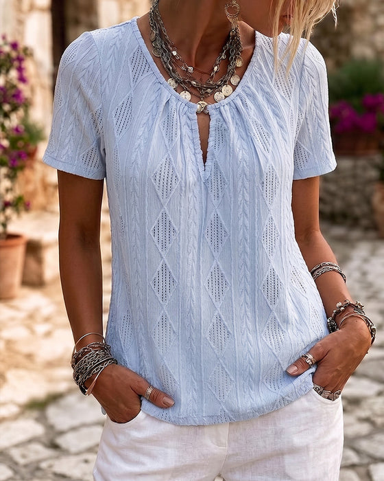Bluse Med Rombemønster Jacquard, Korte Ærmer