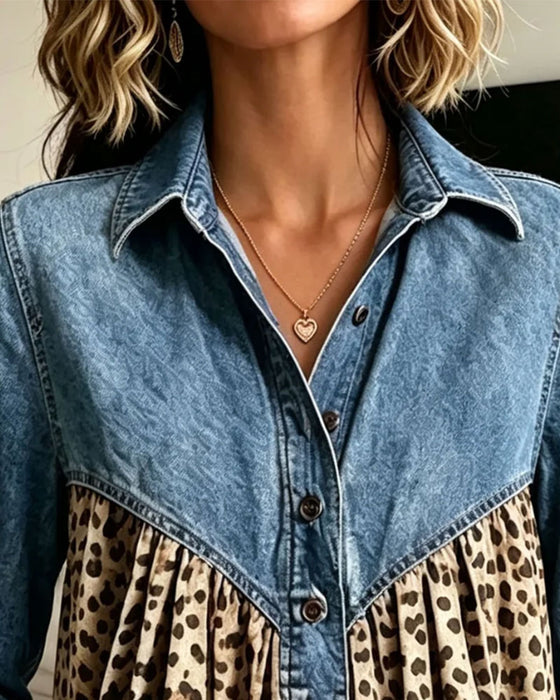 Top Denim Leopard Tryk Patchwork Krave