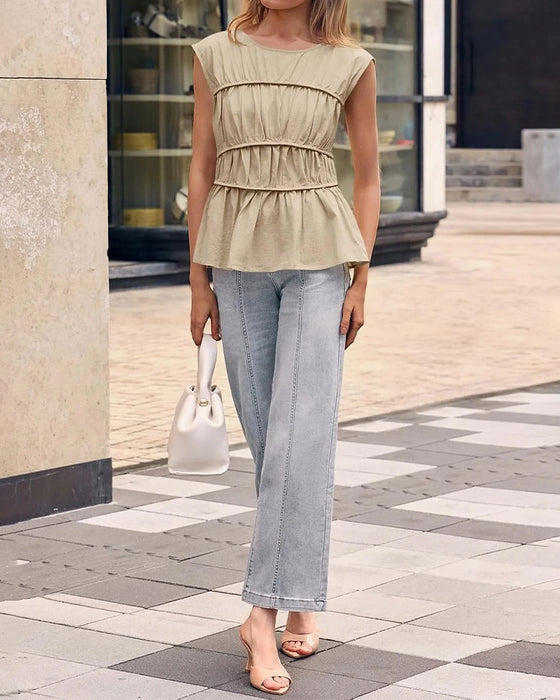 Bluse Rund Hals Rynket Talje