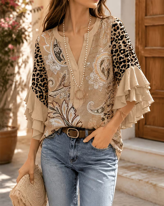 Bluse Leopard Tryk Panel Ruffle Ærme