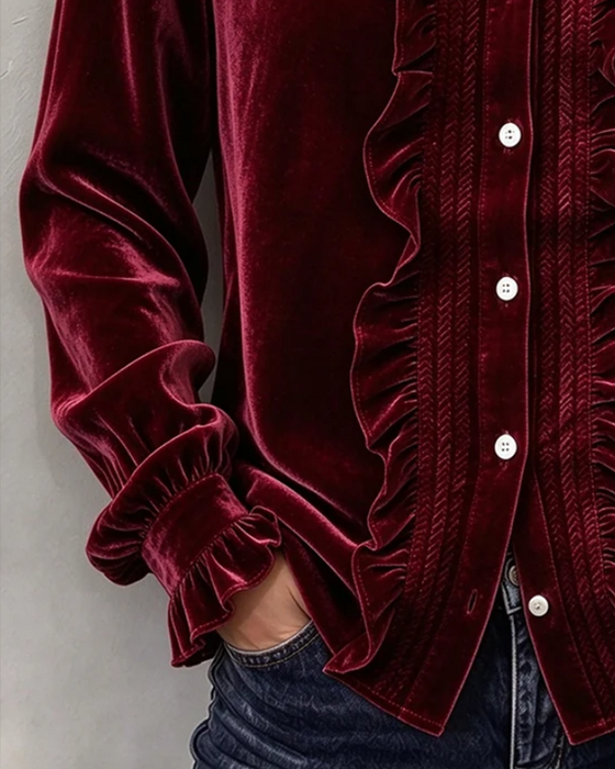 Bluse Velvet Ruffle-Trim V-Neck Langærmet