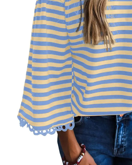 Bluse Rund Hals Drop Skulder Stribe Udskæring