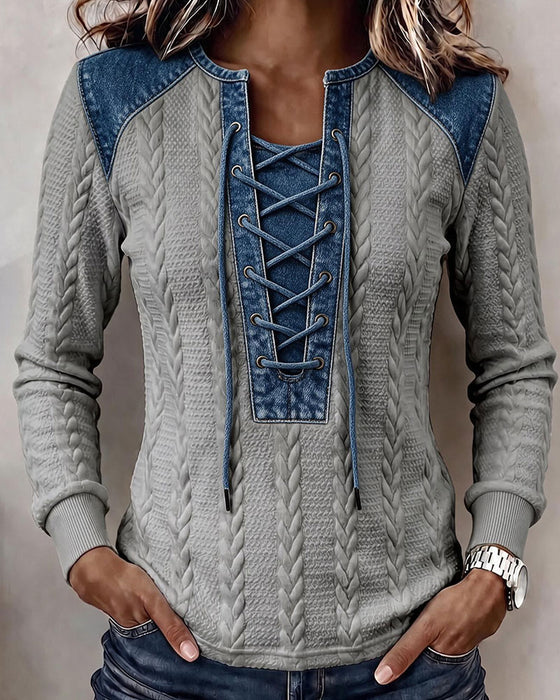 Sweatshirt Bindebånd Patchwork Casual