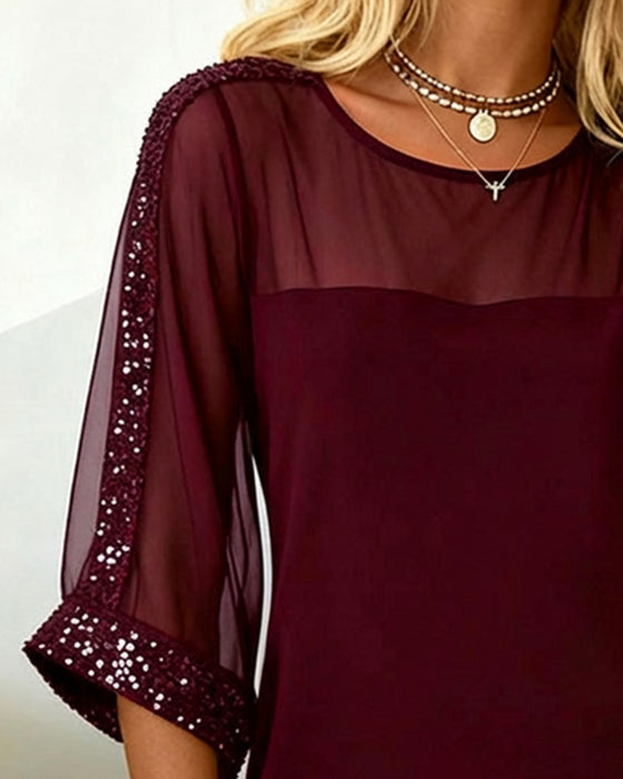 Kjole Glitter Paneleret Mesh Rund Hals