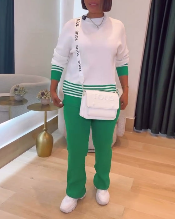 Stribet Kontrast Pullover Bukse Sæt